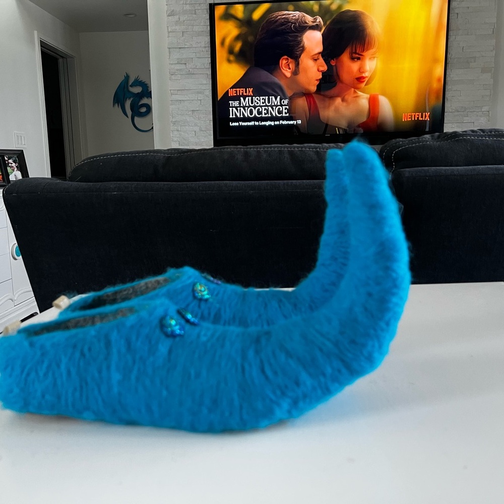 Turquoise Felted Wool Fairy Slippers with Embellishments